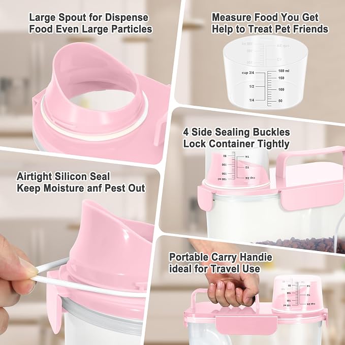 Dog Cat Food Storage Container with Cup (Pink, 5L)
