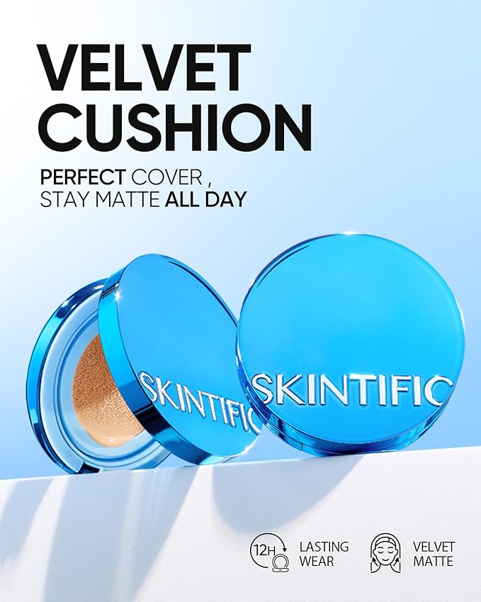 Velvet Matte Cushion Foundation Blue Ultra Cover Powder Foundation, 12h Oil-Control, Lightweight, Long-Lasting, Waterproof Korean Cushion Makeup(#02 Ivory)