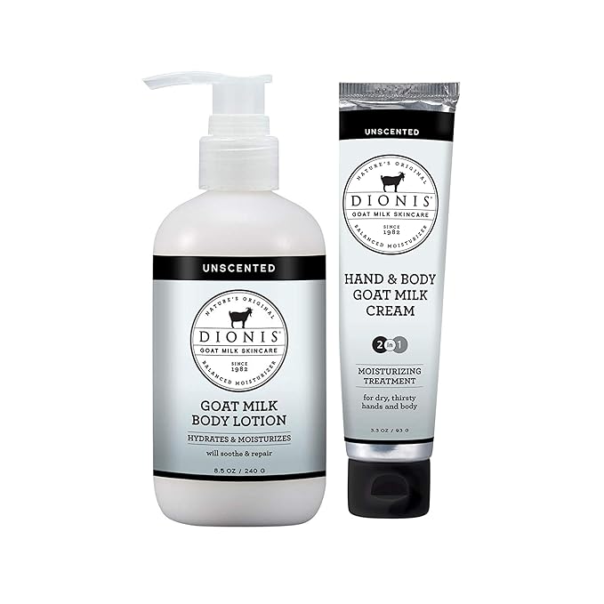 Dionis Goat Milk Unscented Hand & Body Cream and Body Lotion Bundle (Pack of 2)