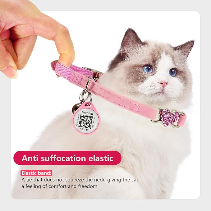 Heart Bling Cat Collar with Safety Belt and Bell Adjustable 8-13 inches for Kitten,Personalized Cat Collar with QR Code Smart ID tag, Pet Name and Phone Number on line,NO app(Pink)