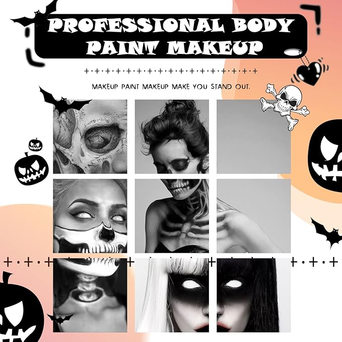 Black and White Face Paint Kit - Halloween Cosplay SFX Makeup, Non-Toxic Body Paint With 2 Professional Brushes for Adults and Kids - Oil-Based Art Painting - Upgrade