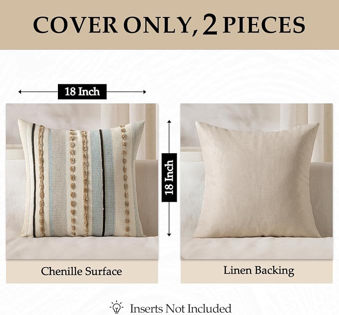 ANRODUO Boho Decorative Pillow Covers 18x18 Light Blue Stripe Pack of 2 | Euro Throw Pillow Covers, Farmhouse Cushion Case, Chenille Pillow Cases, Pillow Covers, Neutral Pillowcase for Sofa Couch Bed