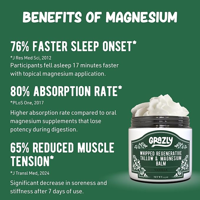 Grazly Whipped Beef Tallow for Skin w/Dead Sea Magnesium, Manuka Honey, Jojoba Oil & Vanilla - Grass Fed Beef Tallow Balm - Body & Face Moisturizer for Dry, Sensitive Skin - 2.5oz
