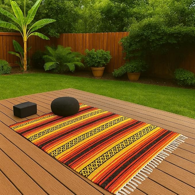 Open Road Goods Heavyweight Mexican Falsa Yoga Blanket, Extra Thick with Stripes - Great Beach, Picnic, or Throw - Handmade Sunfire Red, Orange, and Black Colors
