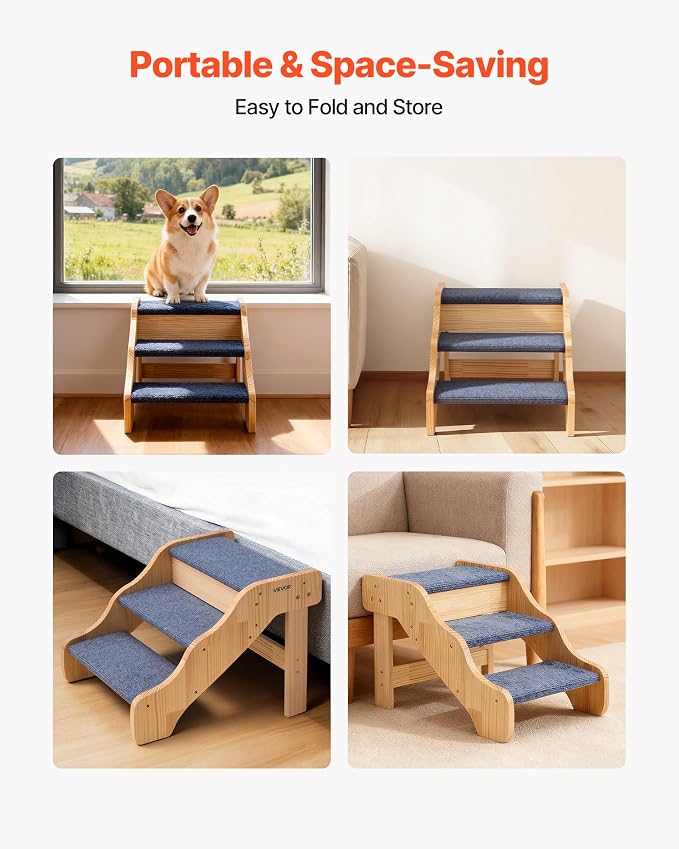 VEVOR Wood Pet Stairs, 3-Step Dog Stairs for High Beds, Sofa & Cars, 150lbs Load Capacity, Non-Slip Surface, Stable Cat & Dog Step Ladder for Small Medium Large Older Pet Puppy Essentials