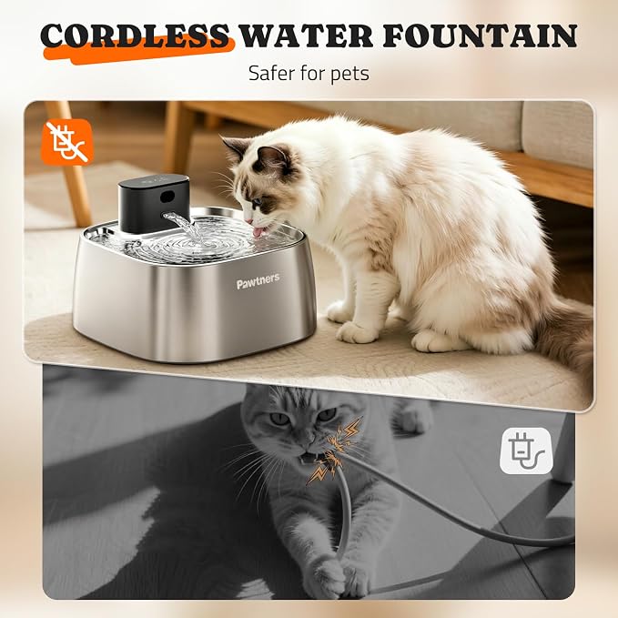 Pawtners Pumpless Cat Water Fountain Stainless Steel 108oz/3.2L, 3 Modes | Automatic Cordless Pet Water Dispenser,Easy Clean,Silent Smart Host,150°Sensor,Motion/Timed/Continuous Mode