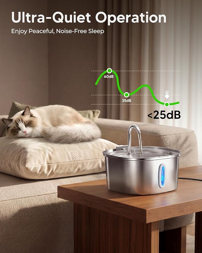 PEKTACO Stainless Steel Cat Water Fountain with 6 Filters, 3.2L/108oz | Cat drinking fountain, dishwasher safe, with triple filtration, quiet pump, and visible water window for cats and small pets