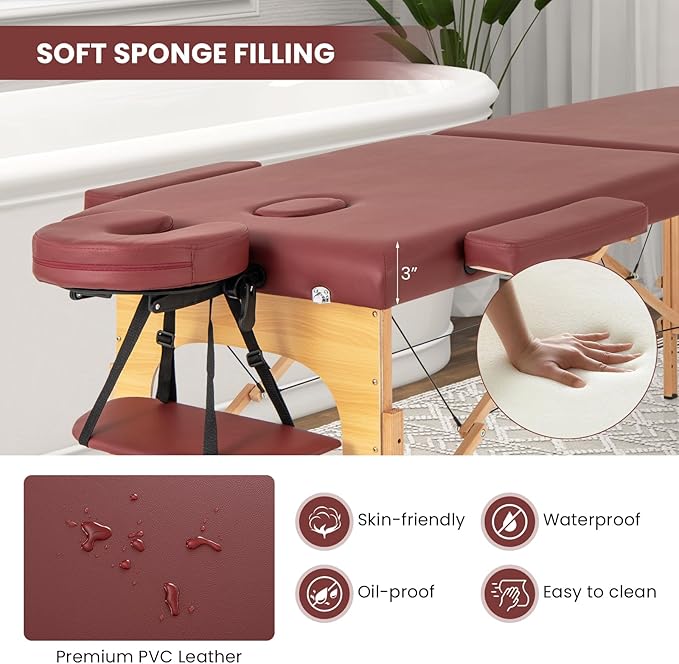 Giantex Massage Table, Portable Massage Bed w/Carrying Case, 2-Section Salon Spa Facial Care Tattoo Bed, Height Adjustable, Wood Frame, Professional Massage Lash Bed for Eyelash Extension (Red)