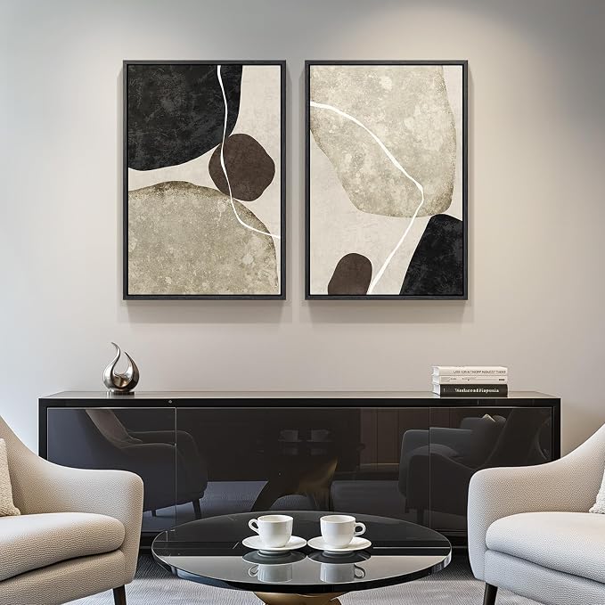 Framed Neutral Abstract Wall Art Set of 2, Modern Black Beige Brown Canvas Prints Paintings Artwork for Walls, Minimalist Stone Shape Pictures for Bedroom Dining Room Living Room Wall Decor 16x24 In