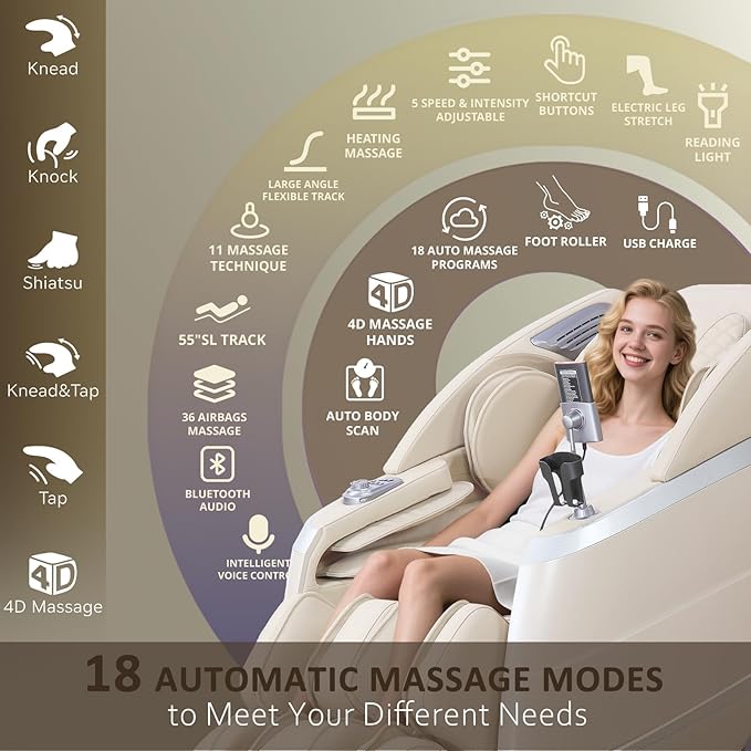 4D Zero Gravity Massage Chair with Deep Tissue Knead & Body Scan - 55" SL-Track Full Body Shiatsu Massage Recliner with Heating, 36 Airbags & Voice Control - 18 Auto Modes & 11 Techniques (Beige)