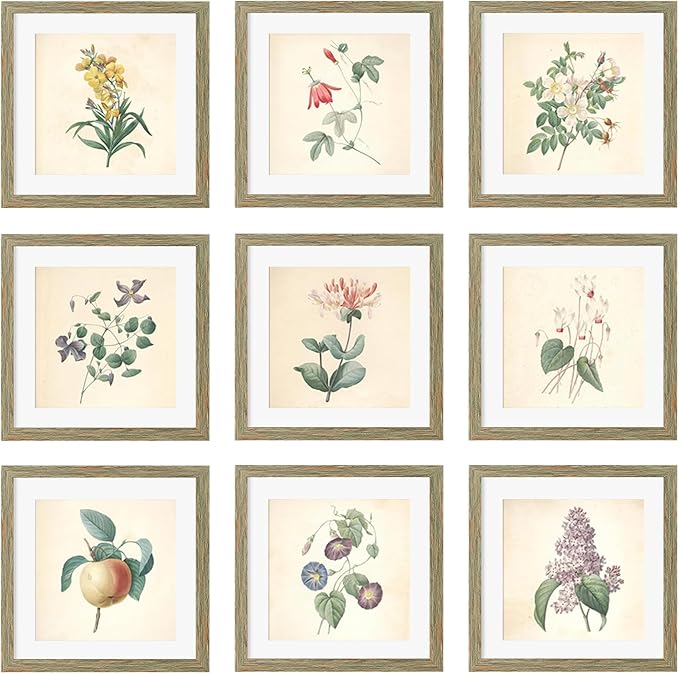 10x10 Picture Frame Set of 9, Display Pictures 8x8 with Mat or 10x10 without Mat, Multi Collage Gallery Square Photo Frames for Wall or Tabletop, Rustic Brown