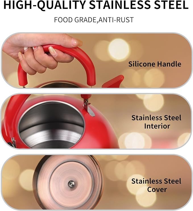2.6 Quart Red Whistling Tea Kettle for Stovetop, Stainless Steel Teapot with Cool-Touch Handle, Loud Whistle, Wide Base, Gas Electric Induction Compatible