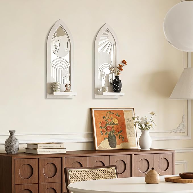 ZEXUIRU 2 Set Rustic Candle Sconces Living Room Bedroom Entryway Wood Mirrored, Farmhouse, Carved Frame Wall-Mount Wooden Candle Holders Wall Decor Hanging Handmade Holder - Distressed White