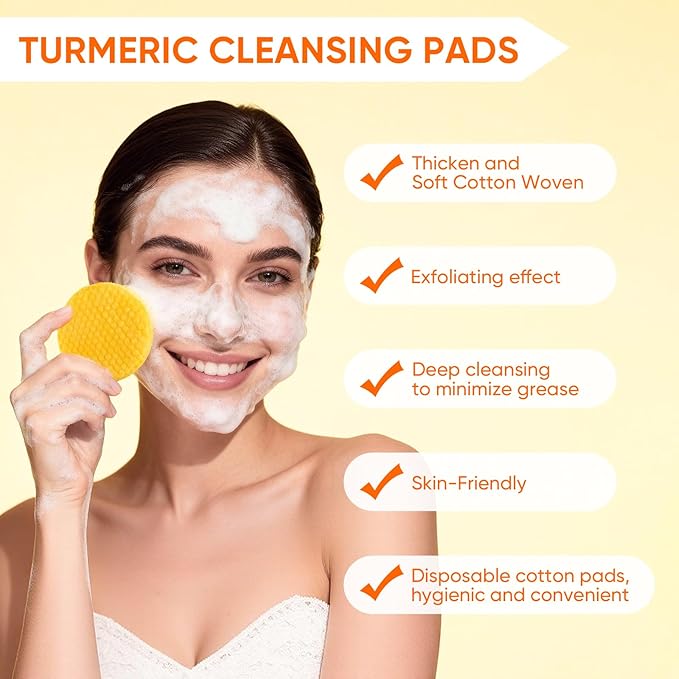 Turmeric Soap & Turmeric Face Wash & Cleansing Pads 30pcs Skin Care Set, Glow Turmeric for Face & Body, Lemon Tumeric Soap, Facial Cleanser Foam for Daily Cleansing, Turmeric Wash and Care 3 Piece Set