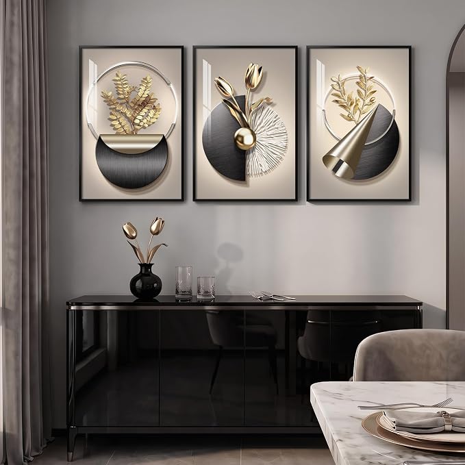 Framed Modern Elegant Wall Art for Living Room, 3 Piece Black and Gold Bright Luxury Prints Paintings, Contemporary Golden Flower and Geometric Pictures for Bedroom Dining Room Entryway Wall Decor 16x24 In