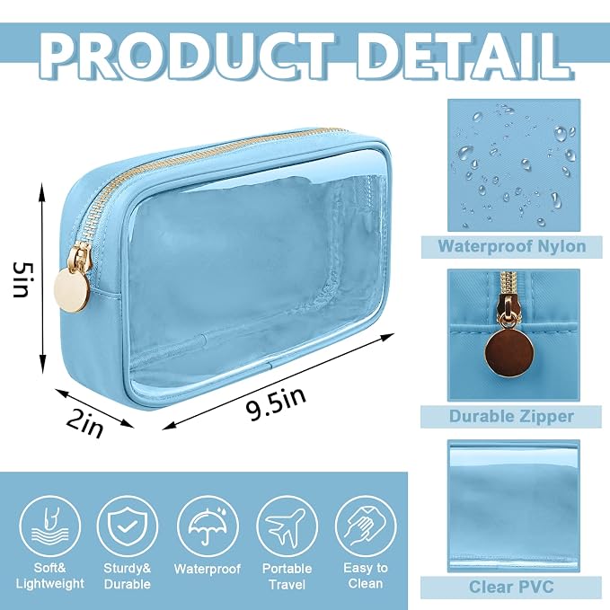 UIXIZQ Clear Small Makeup Bag with Zipper, Nylon&PVC Cosmetic Travel Bag Preppy TSA Approved Toiletry Bag for Women Girls, Transparent Waterproof Makeup Pouches Cute Travel Bag for Purse(Small-Blue)