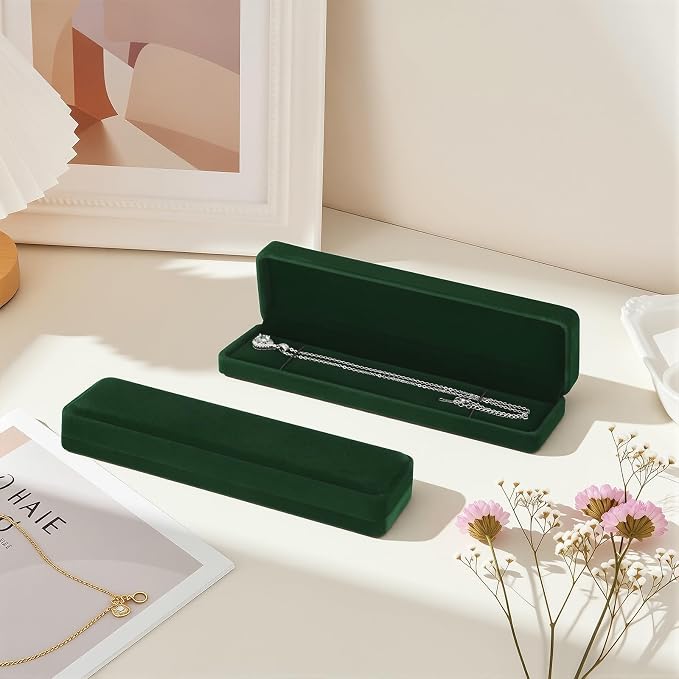 KUKUVR 2 Pcs Velvet Necklace Gift Box, Long Jewelry Storage Holder Case for Chain Pendant Bracelet Engagement Birthday Anniversary (Green)