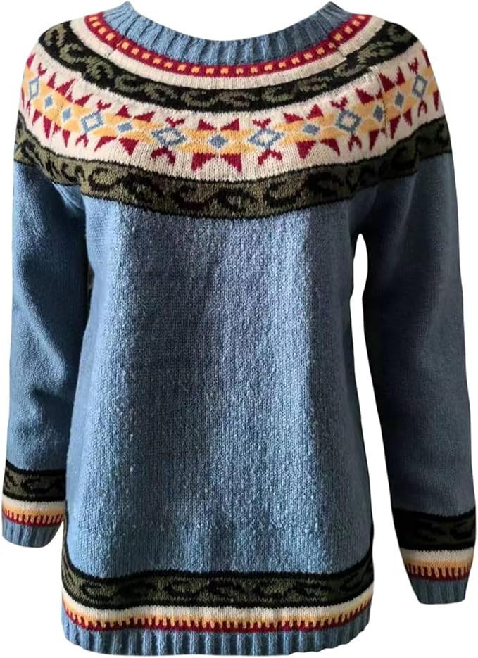 Zhyaj Fair Isle Sweater for Womens Winter Long Sleeve Vintage Knitted Sweater Casual Fall Crew Neck Pullover Sweaters