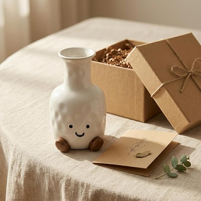Cute Smile Face Vase – White Ceramic Cute Flower Vase for Home Decor, Modern Decor Vase for Living Room Bedroom, for Women Friends Family