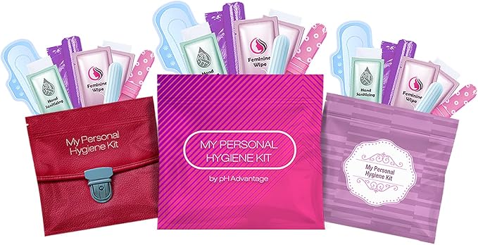 3 x Menstrual All-in-One Kits - Assorted Colors | Convenience on The Go | Single Period Kit Packs | Individually Wrapped Feminine Hygiene Products (Red Purse/Pink/Purple)
