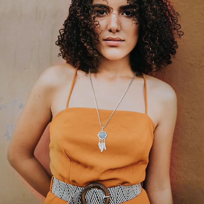 INFUSEU Dreamcatcher Necklace Aromatherapy Gifts Essential Oil Diffuser Lava Rock Stone Pendant Native American Indian Jewelry for Women Dream Catcher Feather Spiritual Meditation Items