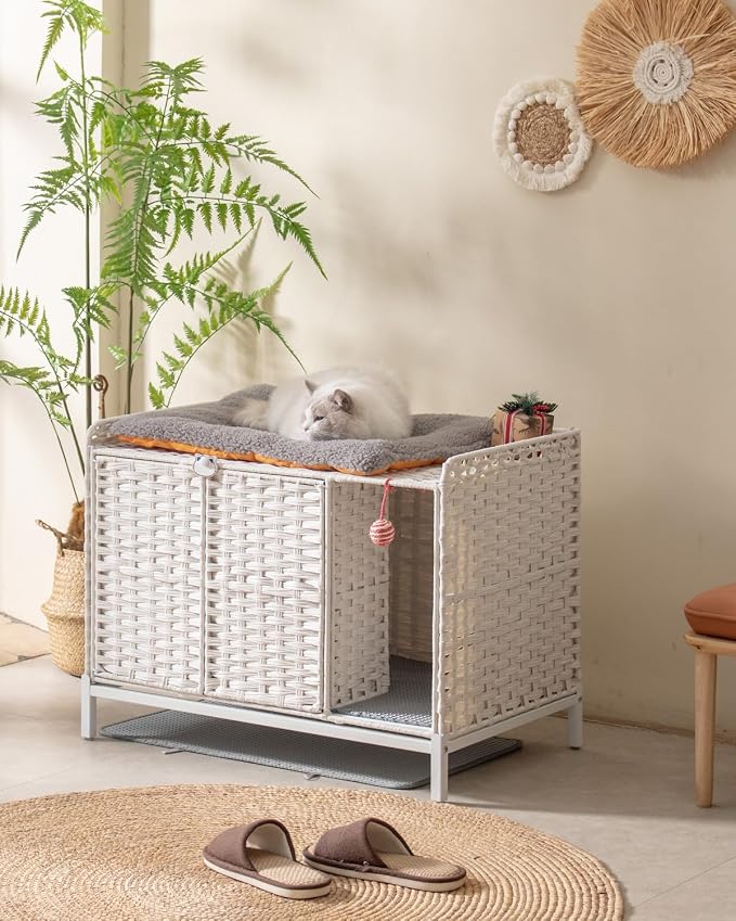 SETVSON Cat Litter Box Enclosure Furniture with Divider, Hidden House White | Handwoven PE Rattan with Washable Mat, 3.54-In Heightened Metal Feet, 31.2 x 19.6 x 24.2 Inches Spacious Cabinet