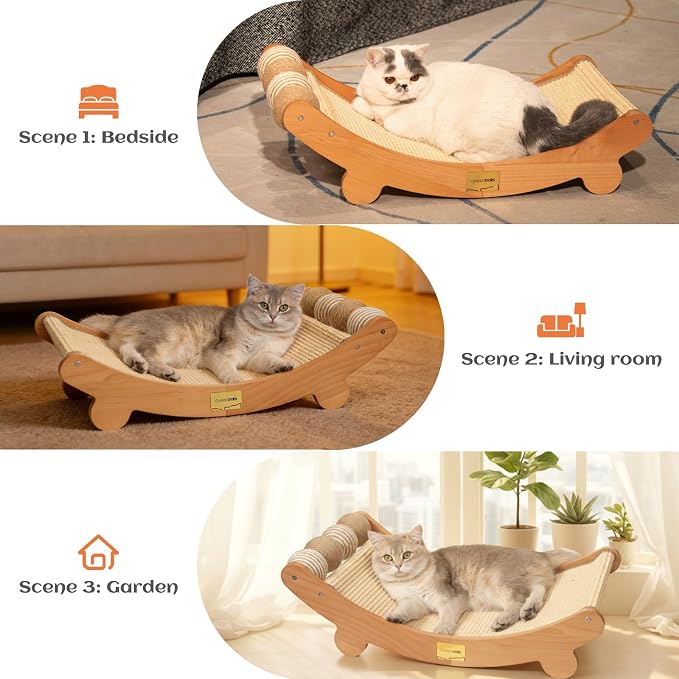 CHEERPALS Sisal Cat Scratcher Bed with Balls Wooden Cat Furniture(Large) | Cat Scratching Post. Indoor Cats Hammock. Natural Sisal Cat Scratch. Assembles in 5 mins. Gentle on kitten claws