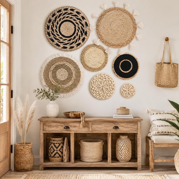 LOMOHOO Set of 7 Boho Wall Basket Decor Wicker Woven Wall Basket Decoration | LOMOHOO Bohemian Handcrafted Round Basket Hanging Decor Bulrush Wall Art Decors for Living Room Rustic Home
