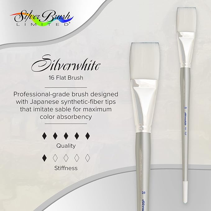 Silver Brush Limited 150116 Silverwhite Flat Brush, Watercolor, Acrylics, Gouache, or Oil Brush, Size 16, Long Handle