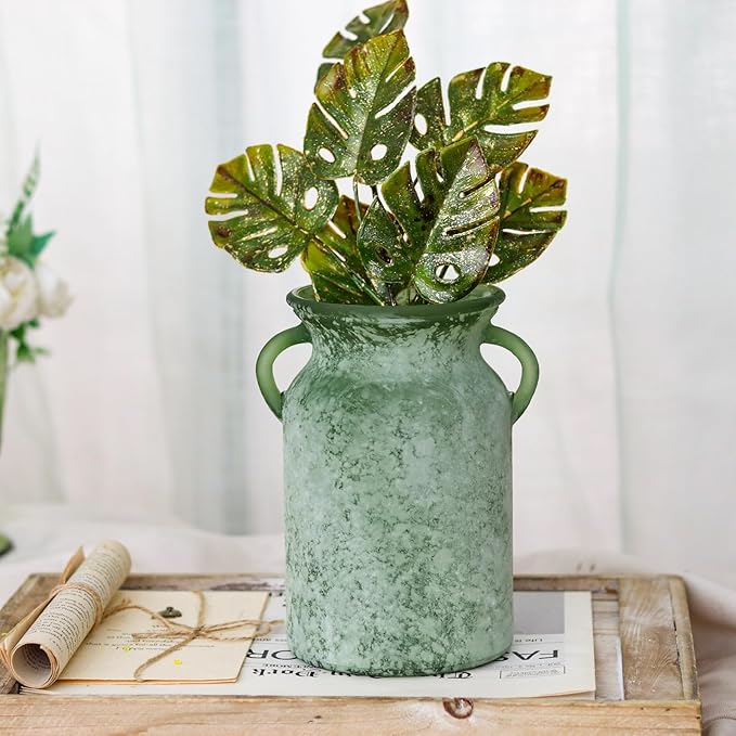 SHMILMH Glass Flower Vase with Handle – 8 Inches Rustic Imitation Ceramic Vase for Flowers, Vintage White Green Centerpiece Decor for Farmhouse, Modern Home, Table & Holiday Decorations