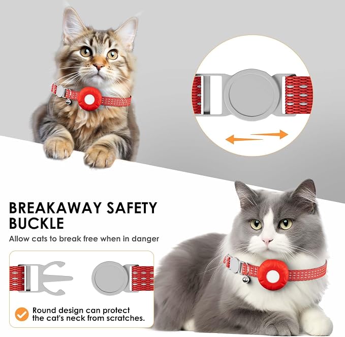GPS Tracker for Cats, Cat Tracker, Compatible with Apple Find My App (Only iOS), No Monthly Fee, Waterproof, Breakaway Collar Included (White Tracker, Red Cat Collar)