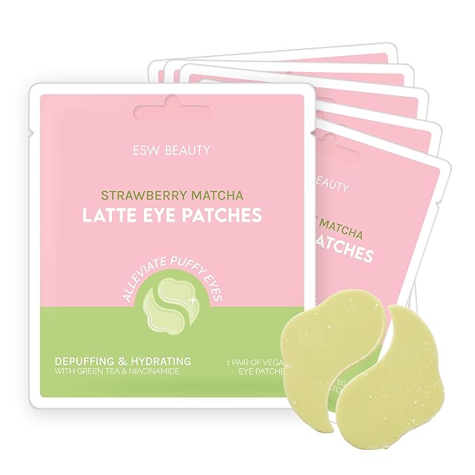 ESW Beauty Strawberry Matcha Latte Under Eye Patches (5-Pack) – Depuffing & Hydrating – Vegan Hydrogel with Green Tea for Refreshing, Nourished Under Eyes