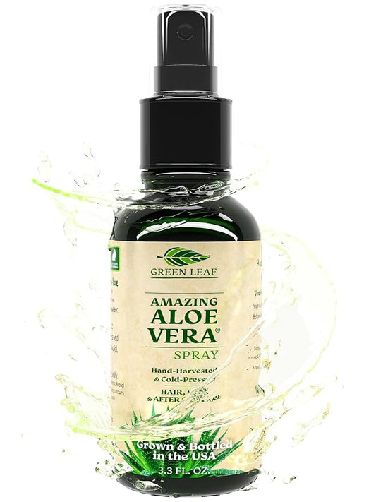 Green Leaf Naturals Aloe Vera Spray Bottle Travel Size | Vitamin C, E & A | Skin Care, Hair Spray, Facial Moisturizer, Hair Growth, Facial Cleanser, Sunburn Relief & After Sun Lotion 3.3oz