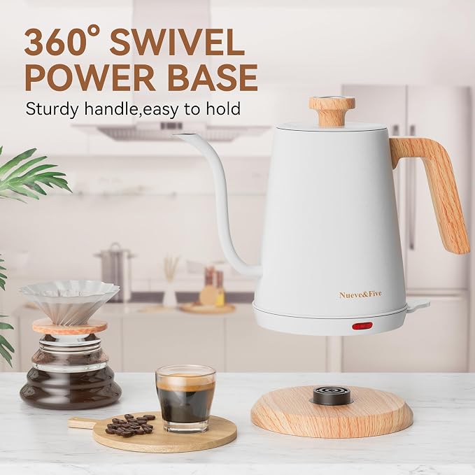Nueve&Five Gooseneck Electric Kettle with Thermometer,Electric Tea Kettle 1L with Auto Shut-Off,1000W Hot Water Kettle of Stainless Steel for Coffee & Tea -White