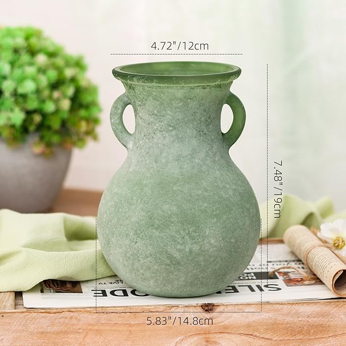 Green Glass Vase with Handles, 7.5 Inch Rustic pottery Style Flower Vase, Vintage Decorative Round Bud Jar for Dried Flowers, Earthy Aesthetic Centerpiece for Modern Farmhouse & Boho Spring Home Decor