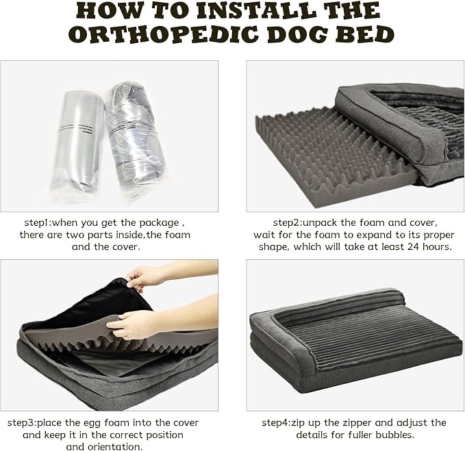 WINDRACING Orthopedic Dog Beds for Large Dogs 40x28 inch, L Shape Waterproof Dog Bed with Bolster Sides, Washable Big Pet Bed with Removable Cover & Non-Slip Bottom, Gray