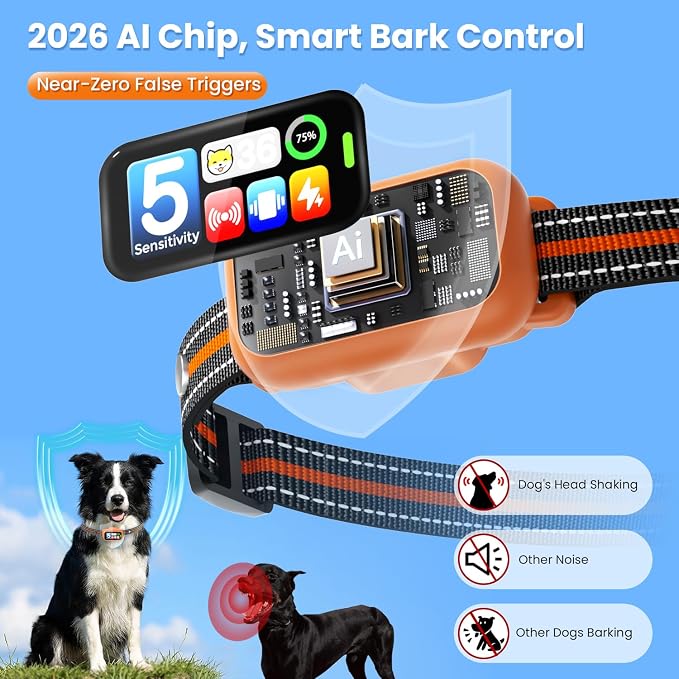Bark Collar for Small Medium Large Dogs 8-100lbs | Upgraded Smart AI Anti Barking Collar w/AirTag Holder, 5 Modes (Beep/Vib/Safe Shock), Adjustable Sensitivity, Bark Counter, Rechargeable Waterproof