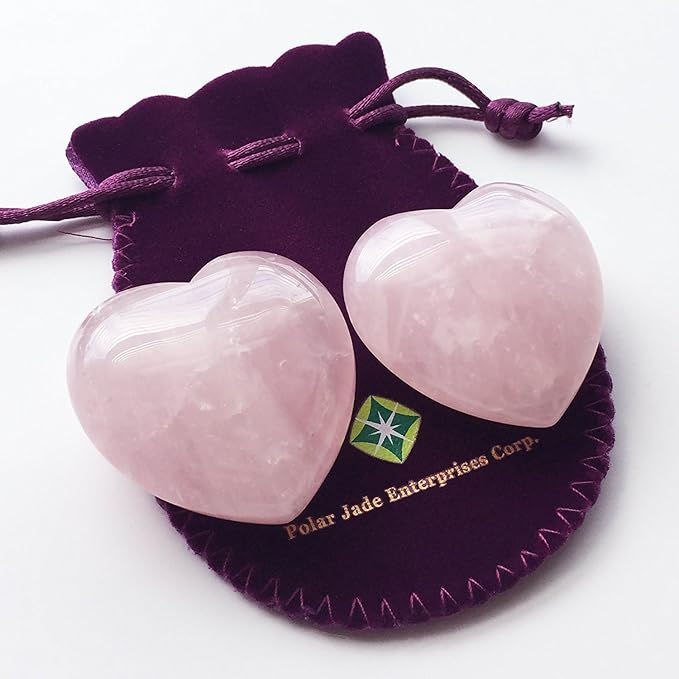Polar Jade Set of 2 Hand-Carved Rose Quartz Puffy Hearts – 100% Natural Healing Crystals for Chakra Energy, Meditation, Massage, and Home Decor