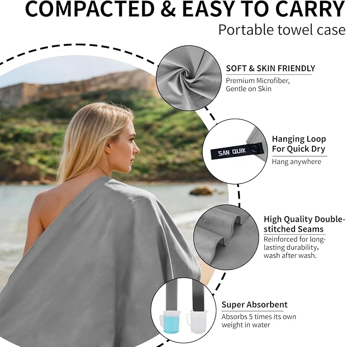 Quick Dry Camping Towel with EVA Case, Microfiber Travel Towel 3 Size at 1 Pack, Super Absorbent Lightweight Fast Drying Towel Set for Beach, Gym, Sports, Backpacking, Yoga & Swimming Pool, Gray