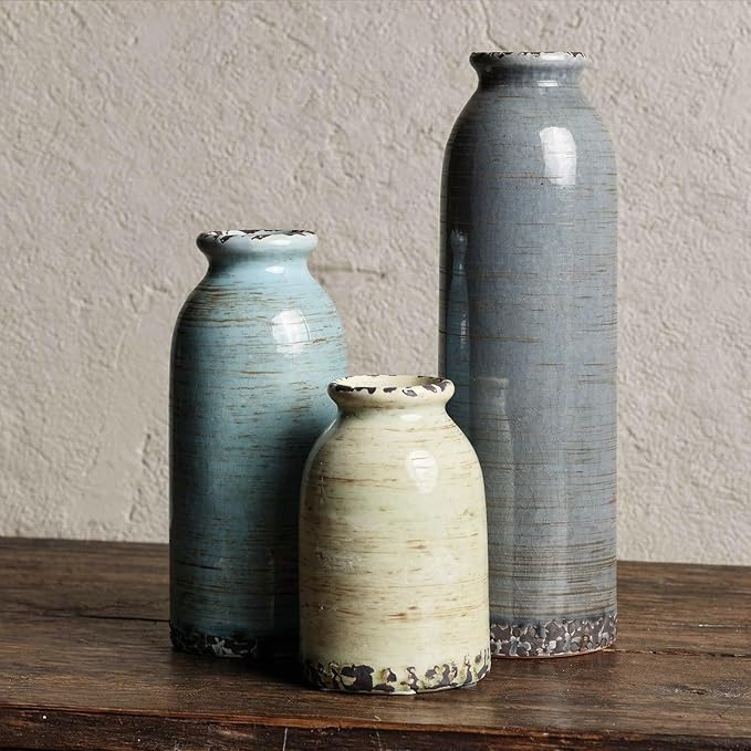 Modern Pottery Vase Set of 3, Neutral Ceramic Bottle Vases for Home Decor | Morandi colors and glazed rustic finish for flowers, table centerpieces, shelves and living rooms