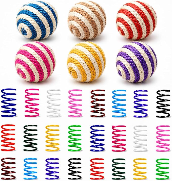 Cat Toys for Indoor Cats, 6 Sisal Balls & 24 Colorful Springs