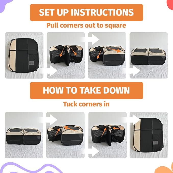 2-in-1 Pop Up Puppy Playpen, Detachable into 2 Separate Pens with Additional Doors, Assembly-Free Portable Cat Dog Crates Pet Pen Tent Kennel Kitten Enclosure Cage Indoor Outdoor Foldable Condo(L)