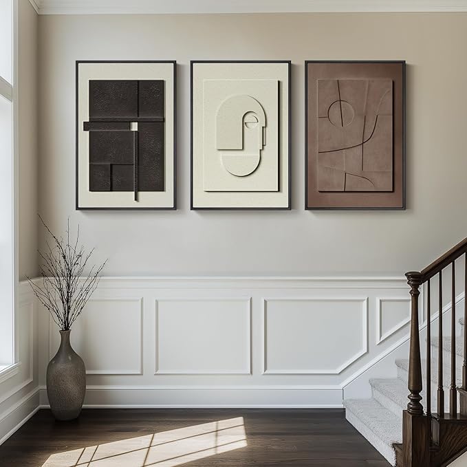 3D Large Framed Brown Abstract Wall Art for Living Room, 3Piece 24x36 In | Solid Wood Frames, Sandstone Textured Artwork for Walls, Black White Geometric Sculptural Pictures Wall Decor Bedroom Office