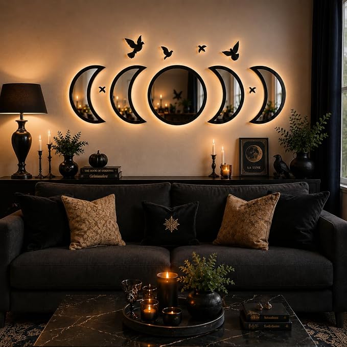 NESHE Moon Phase Mirror Wall Decor Set with Birds | Gothic Witchy Boho Wall Mirror Decor | Scandinavian Aesthetic Home Decor for Bedroom Living Room (Black)