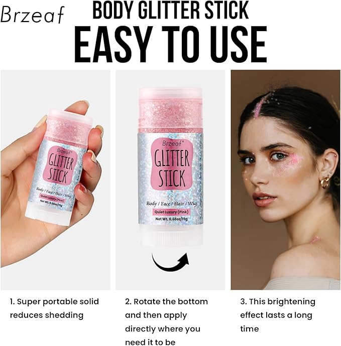 Brzeaf Pink Glitter Stick, Not Greasy & Long Lasting, Christmas Face Glitter Gel, Chunky Glitter for Face/Body/Hair/Eyes/Lip, Singer Concert Music Rave Festival, Glitter Stick Makeup for Women Men