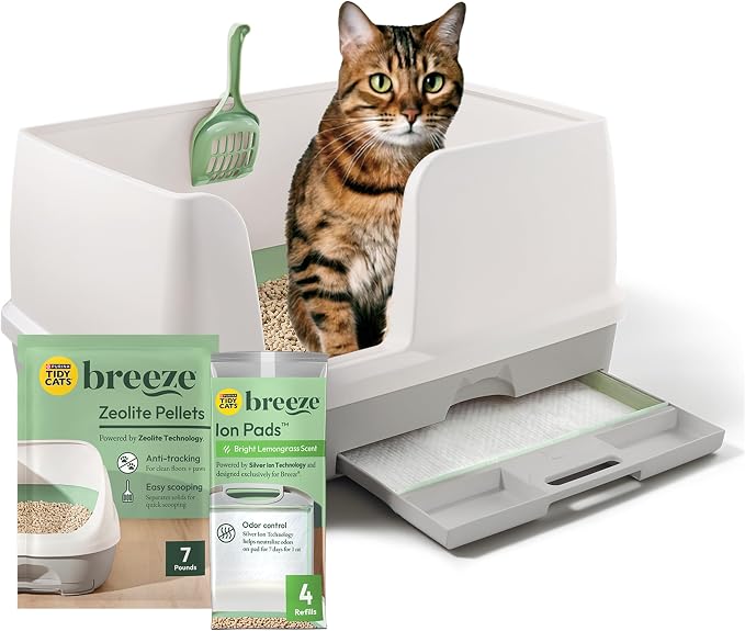 Purina Tidy Cats Breeze Litter Box System Kit with Pellet Cat Litter, XL Litter Box and Litter Box Pads