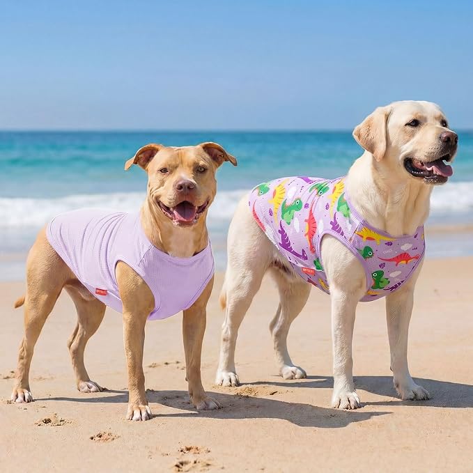 KYEESE 2Pack Dog Shirt, Lightweight Sun Protection Dog T Shirts for Medium Large Dogs Boy Girl, Breathable Mesh Tank Top Sleeveless Pet Reflective Vest, Soft Summer Dogs Clothes, Dinosaur+Purple, 2XL