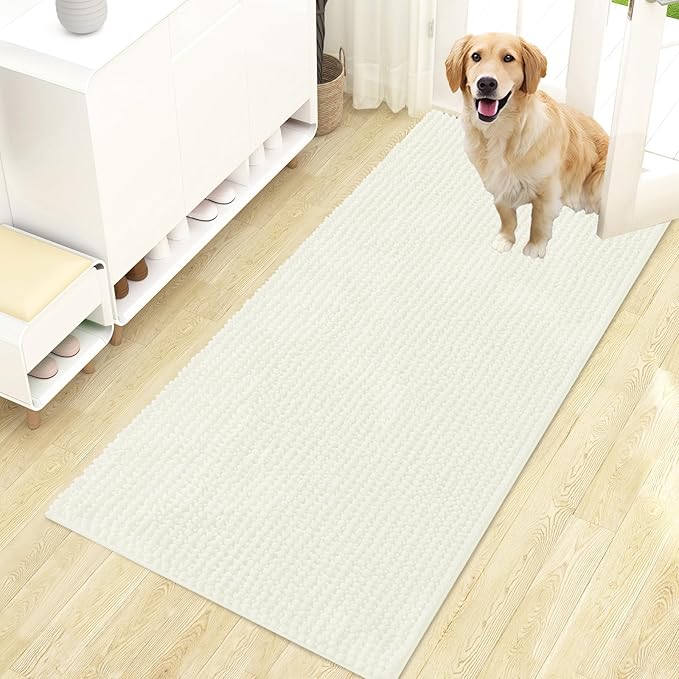 OLANLY Dog Door Mat for Muddy Paws 47x24, Extra Absorbent Chenille Mud Mat | Ivory, Absorbs Moisture and Dirt, Non-Slip Machine Washable Doormat, Quick-Drying Indoor Entryway Floor Mat for Dogs