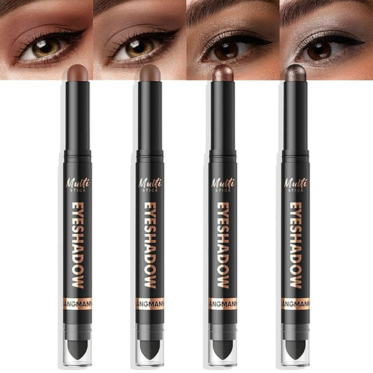 LANGMANNI 4Colors Dual-Ended Cream Eyeshadow Stick Set – Silky Smooth, Waterproof & Transfer-Proof, Built-in Blender Brush, All-Day Matte & Shimmer Wear Eye Makeup(#13+14+15+16)