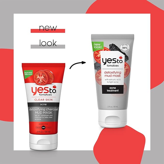Yes To Tomatoes Clear Skin Detoxifying Charcoal Mud Mask For Acne Prone Skin Draw Out Impurities And Prevent Breakouts Contains Salicylic Acid 96 Natural Ingredients, Red, Tomato, 2.006 Fl (Pack of 2)